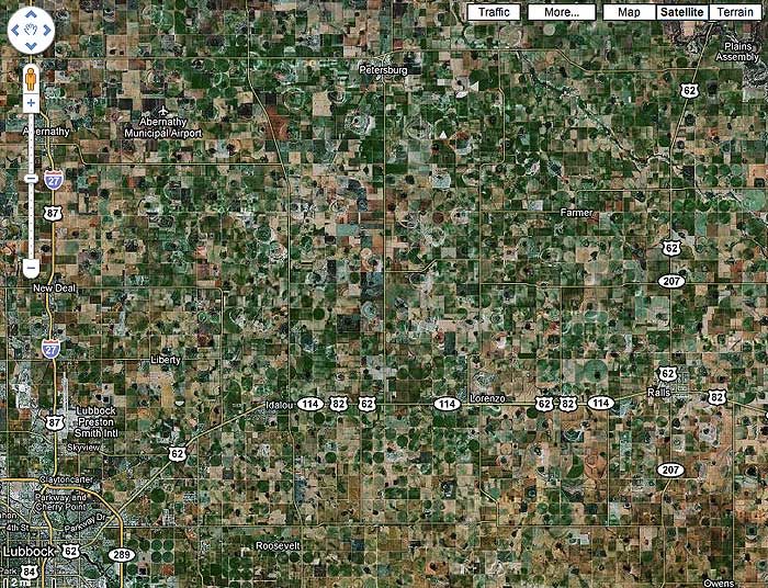 Google map of cotton growing region northeast of Lubbock TX, November 29, 2009