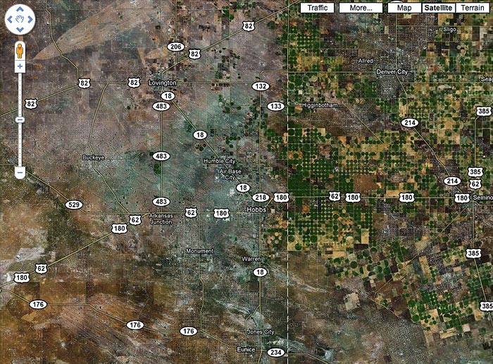 Google map of the TX border at Hobbs NM, screen shot November 30, 2009