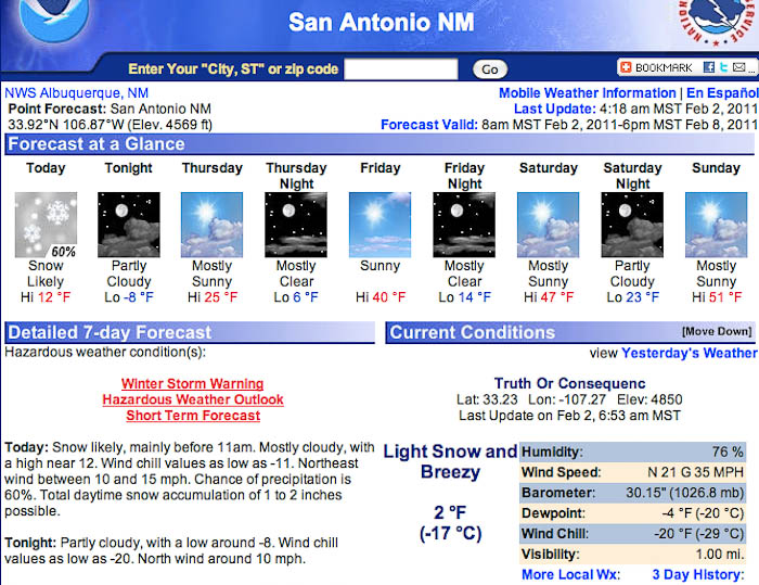 Screenshot, NOAA Weather, San Antonio NM, February 2, 2011