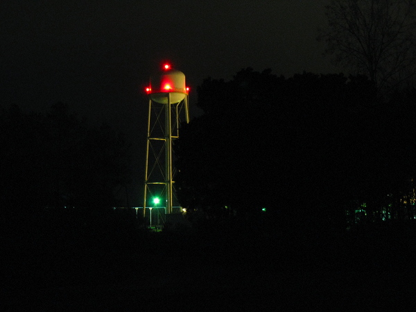 Lighted Hexion water tower from Foscue Creek Park, Nov 28, 2008