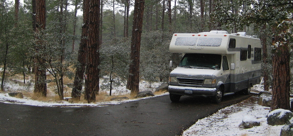 Awaking to snow at White Spar Family Campground, Prescott AZ, March 16, 2008