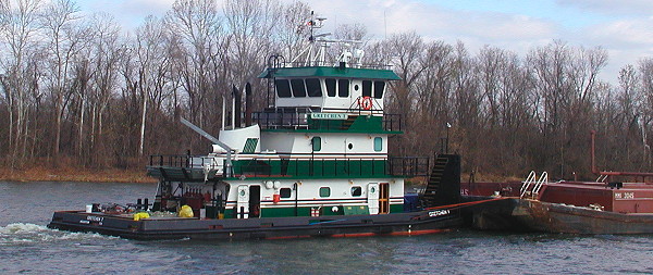 The new, lovely little towboat Gretchen T pushing a load of xylene up the river, Demopolis AL, December 16, 2007